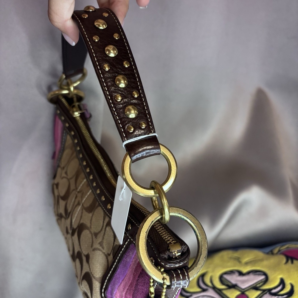 Vintage Coach Signature Jacquard Hobo Shoulder Bag Y2K Studded Brown Purple - Picture 7 of 10